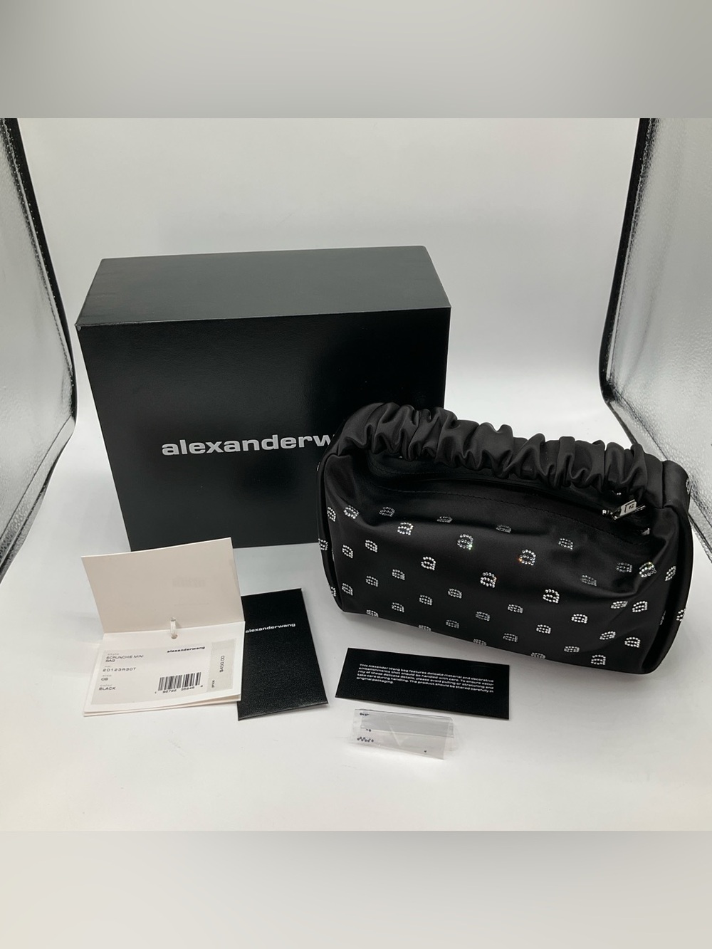 Alexander Wang Scrunchie Mini Bag Purse Black Crystal Logo Satin NEW